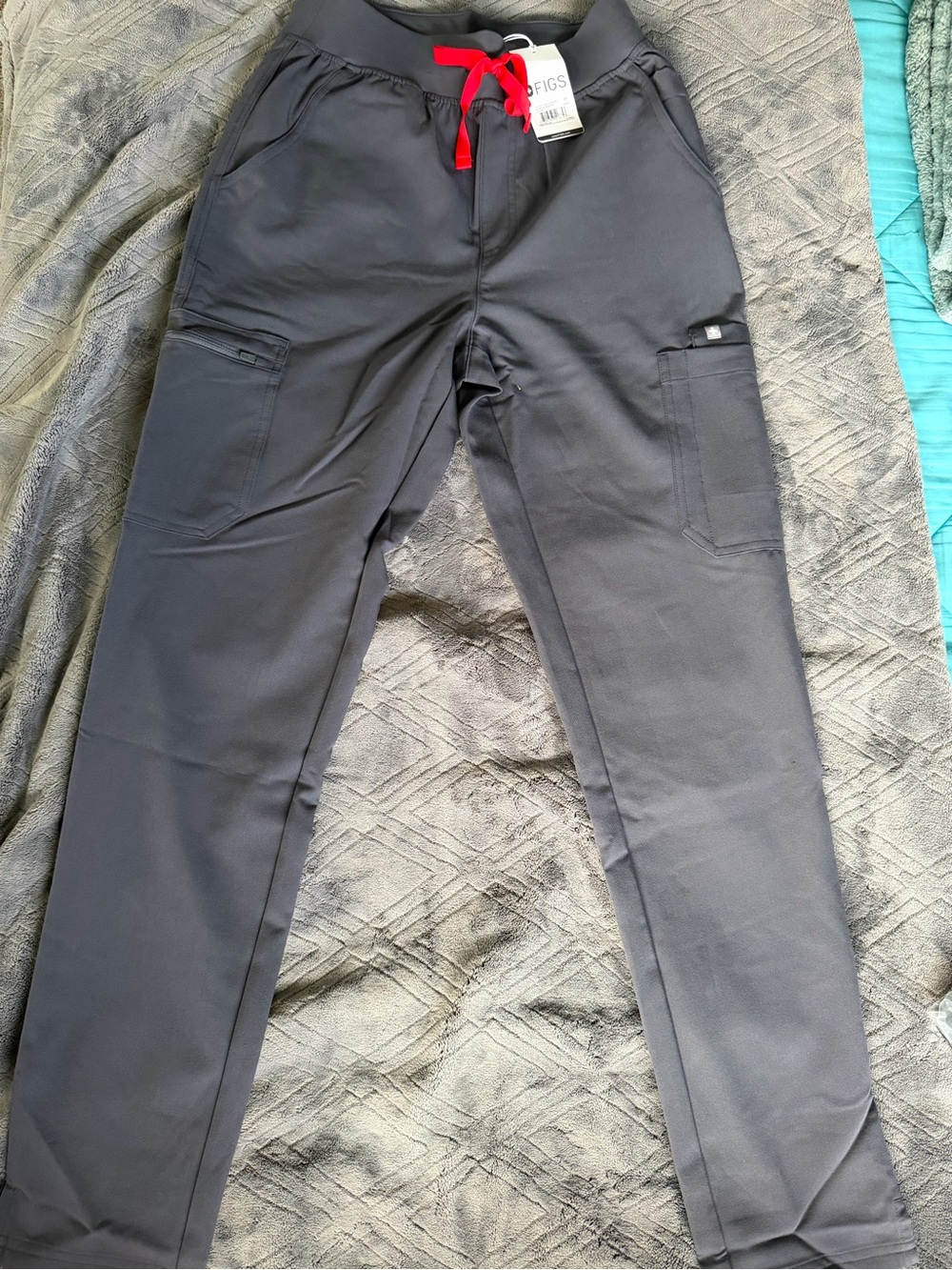 FIGS Women’s Dark Gray Cargo Joggers with Red Drawstring